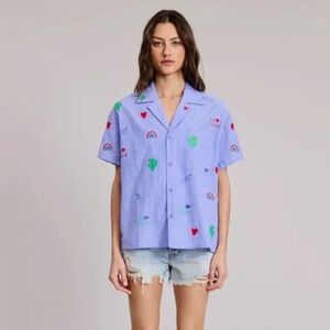 Flat White Taylor Woven Embroidered Shortsleeve Shirt☀️ Size XS/S NWT